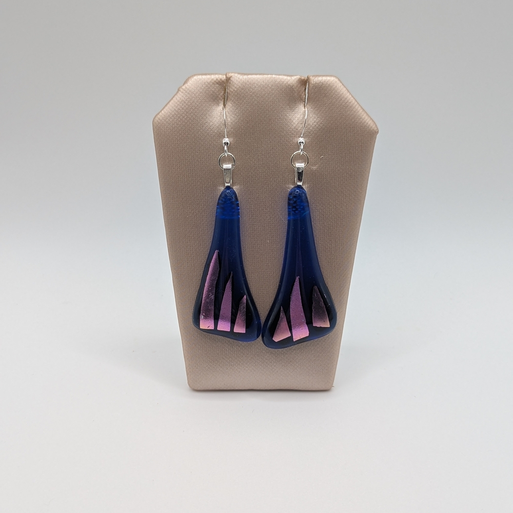Hand Crafted Blue and Pink Butterfly Wings Dichroic Earrings. Sterling Hooks